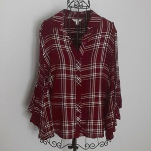 Burgundy plaid bell sleeve blouse, Medium.